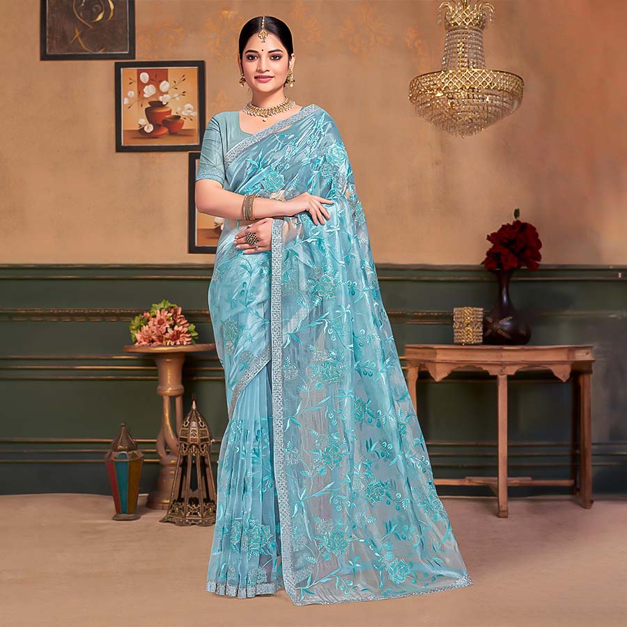 Sky Blue Resham  Designer Saree