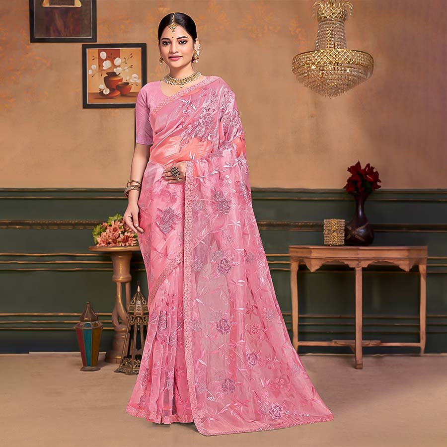 Pink Resham  Designer Saree