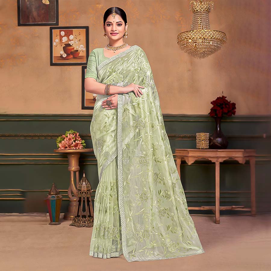 Mint Green Resham  Designer Saree