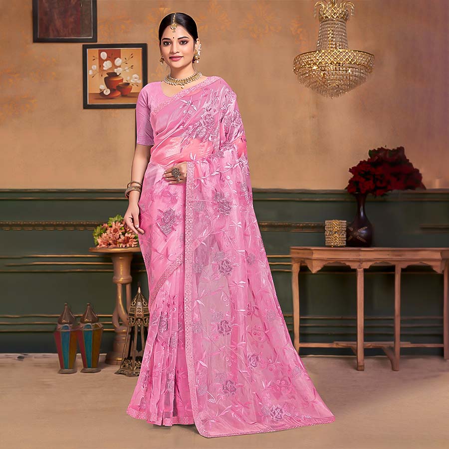 Pink Resham  Designer Saree