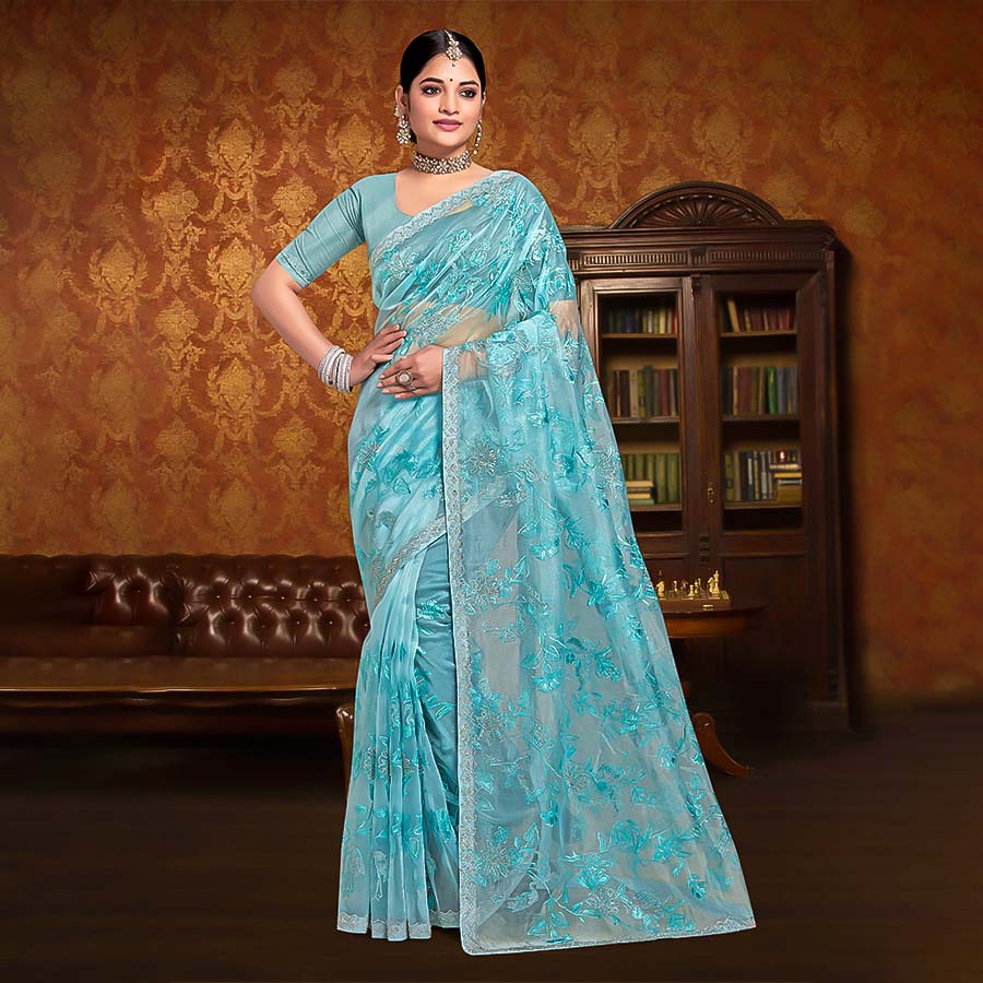 Blue Resham  Designer Saree