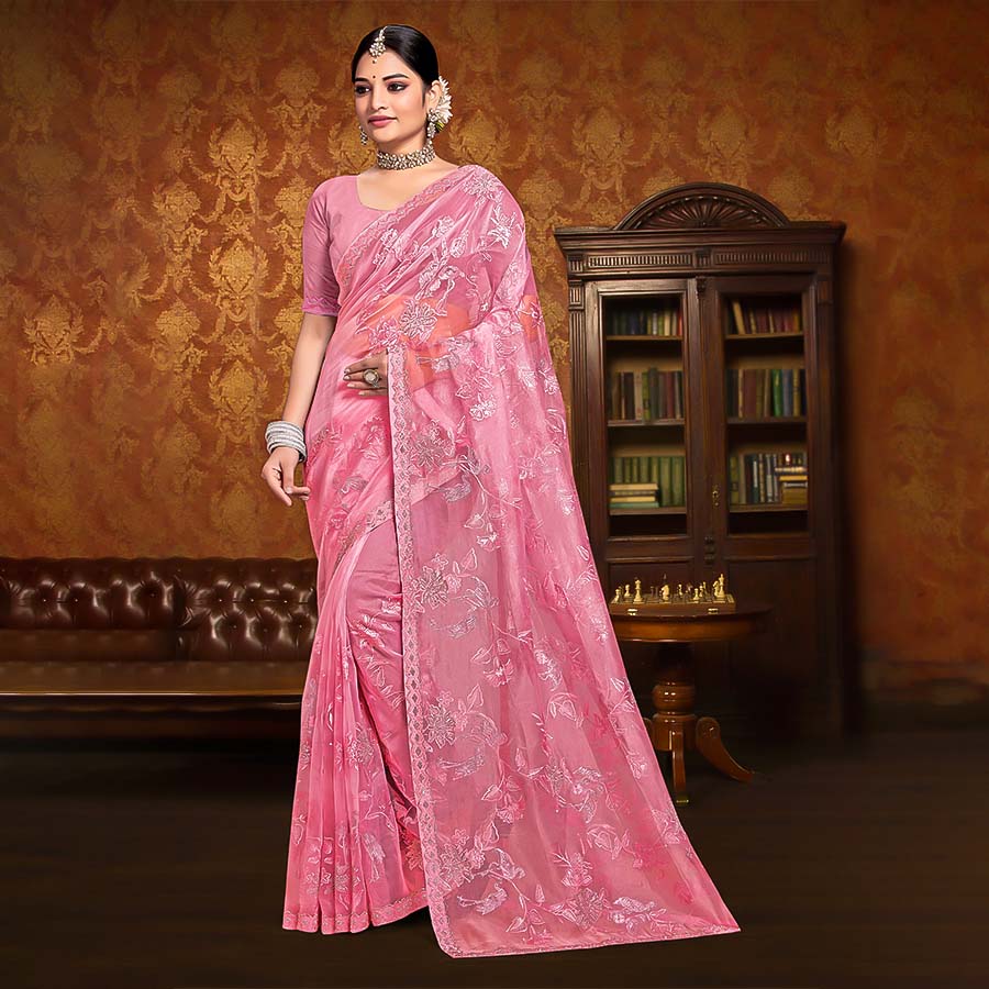 Pink Resham  Designer Saree