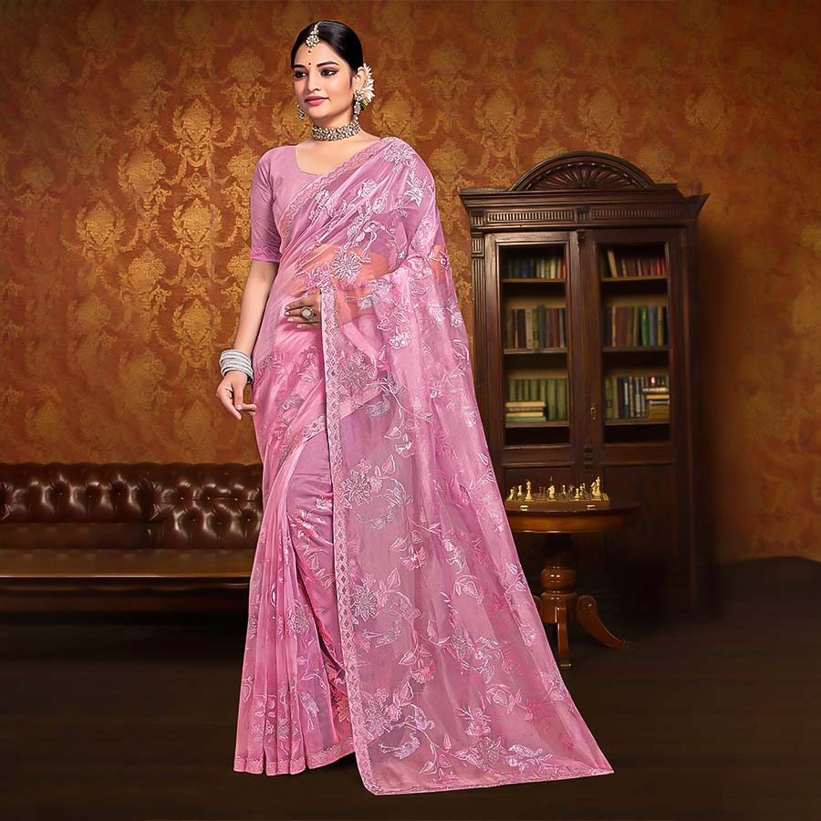 Pink  Resham  Designer Saree