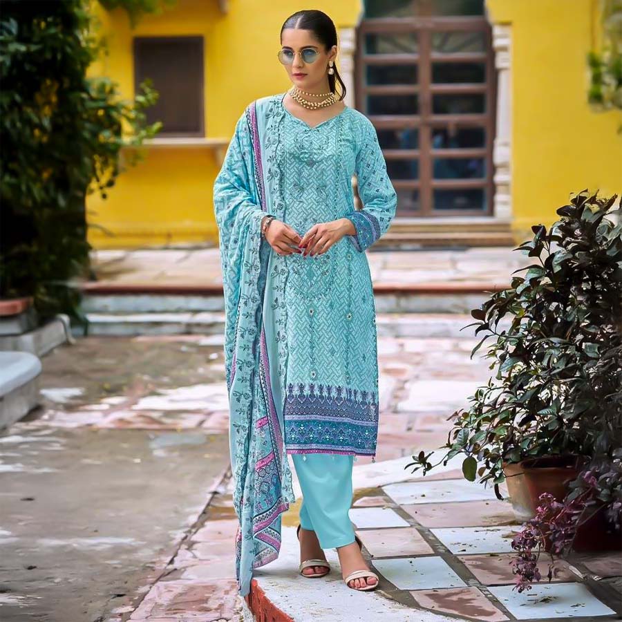 Blue Lawn Cotton Casual Wear Salwar Kameez
