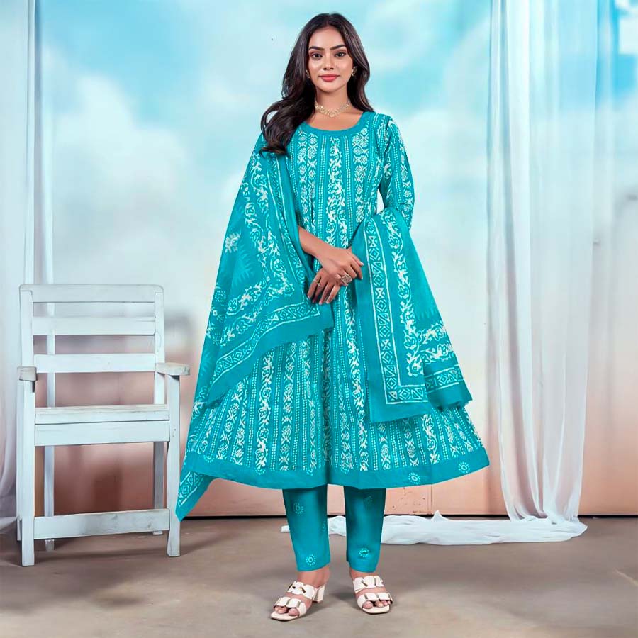 Sky Blue Cotton Casual Wear Salwar Kameez