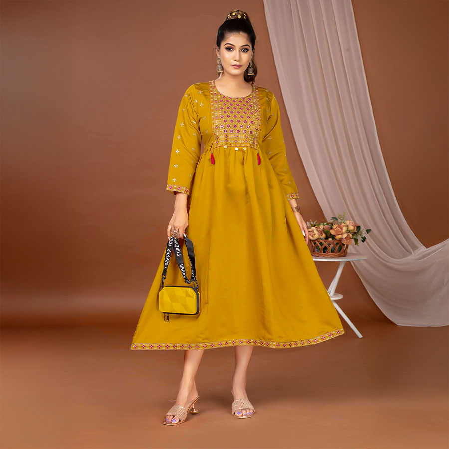 Yellow  Roman Silk  Casual Wear Kurti