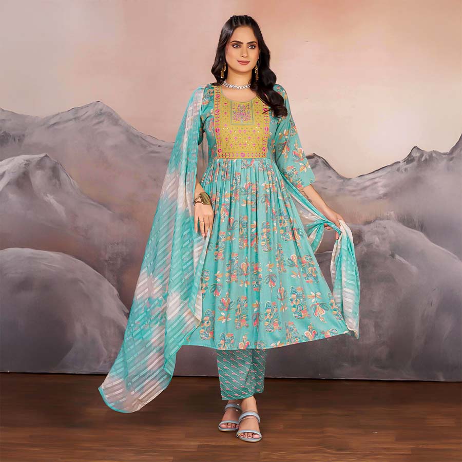 Cyan  Rayon Casual Wear Salwar Kameez