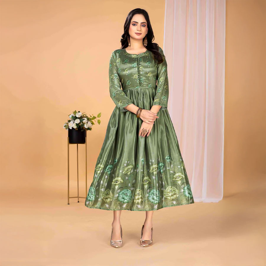 Green  Stylon Silk Casual Wear Kurti