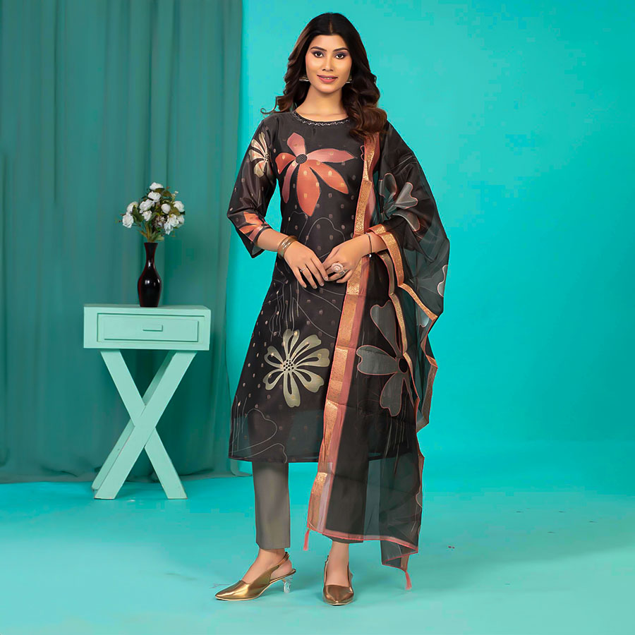 Black Dobby Silk Printed Salwar Kameez