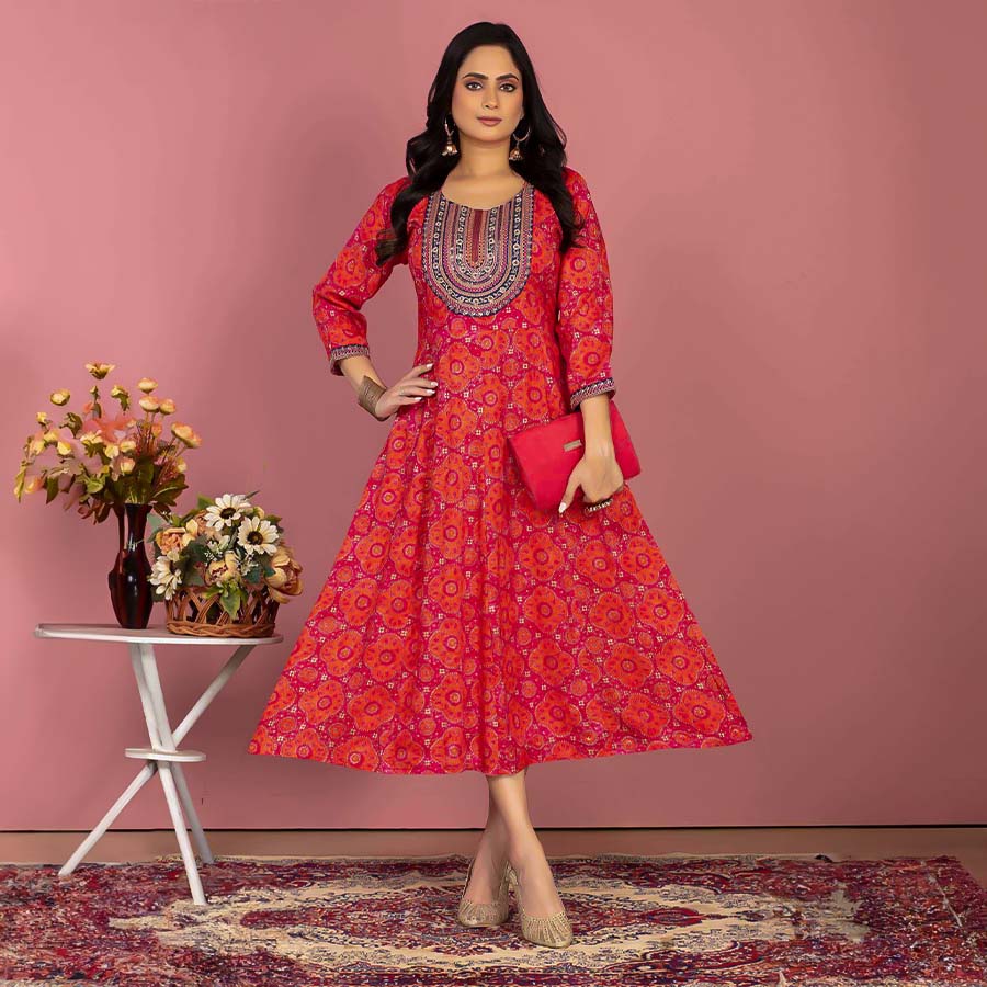 Orange  Rayon Printed Kurti