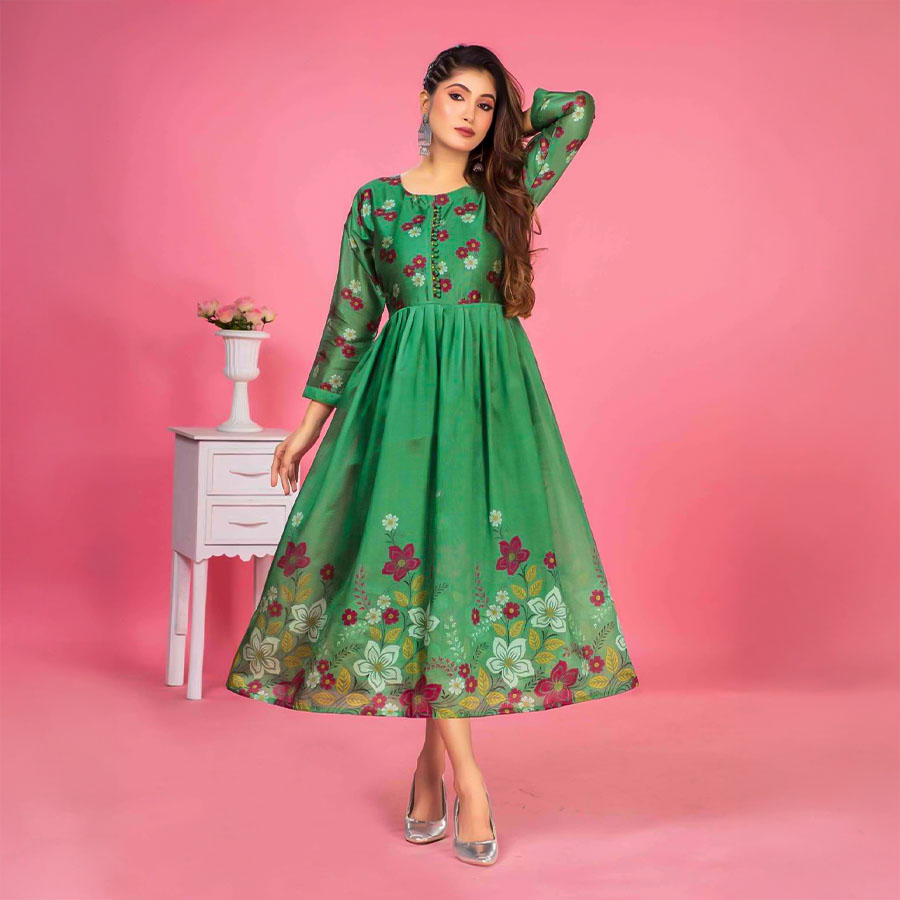 Green  Zarna Silk Casual Wear Kurti
