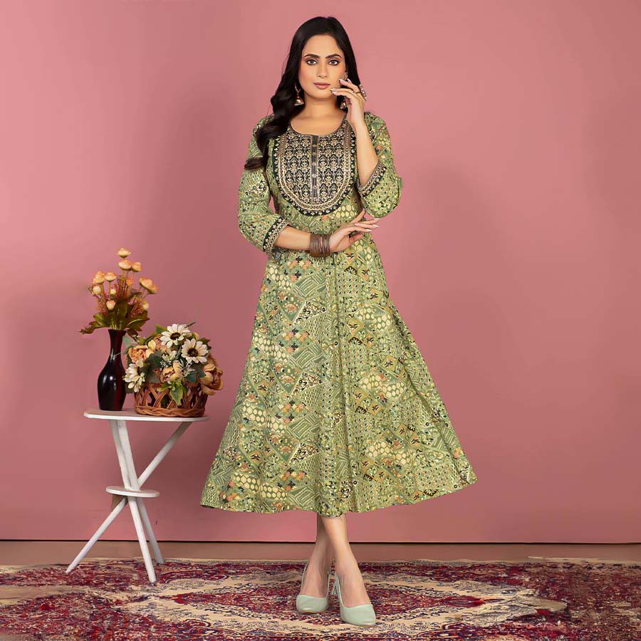 Green  Rayon Printed Kurti