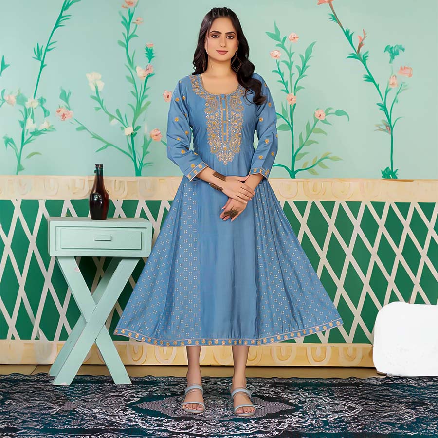 Blue  Roman Silk  Casual Wear Kurti