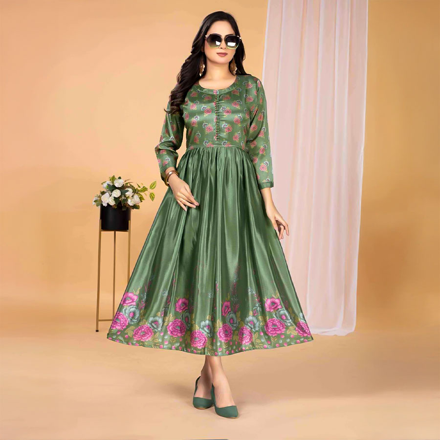 Green  Stylon Silk Casual Wear Kurti
