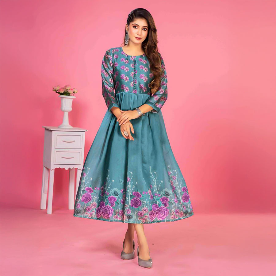 Blue  Zarna Silk Casual Wear Kurti