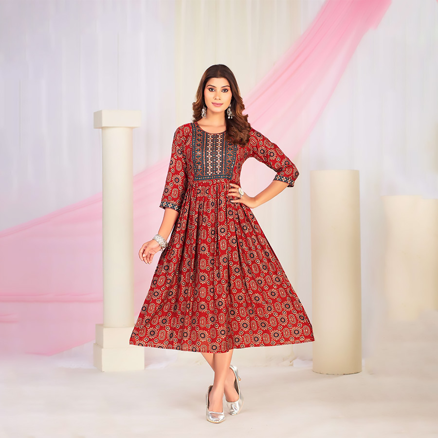 Red Modal Printed Kurtis