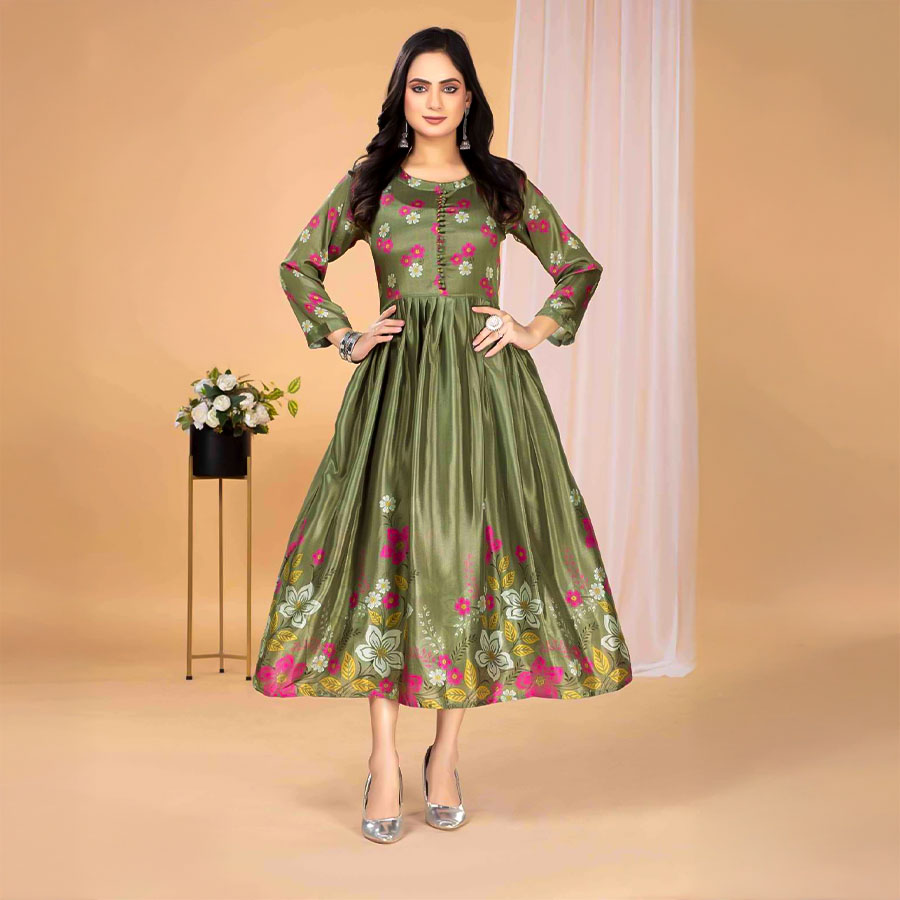 Green  Stylon Silk Casual Wear Kurti