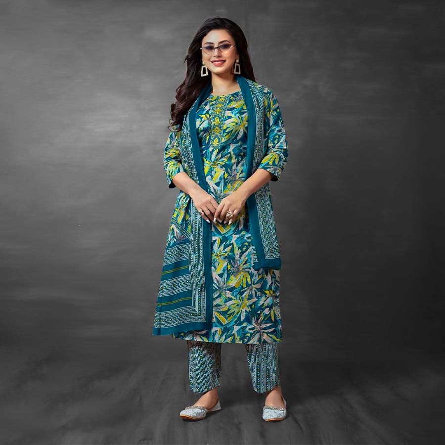 Blue  Cotton Printed Salwar Kameez
