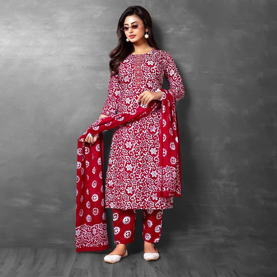 Red  Cotton Printed Salwar Kameez