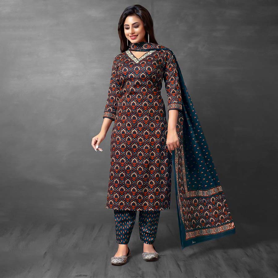 Brown  Cotton Printed Salwar Kameez