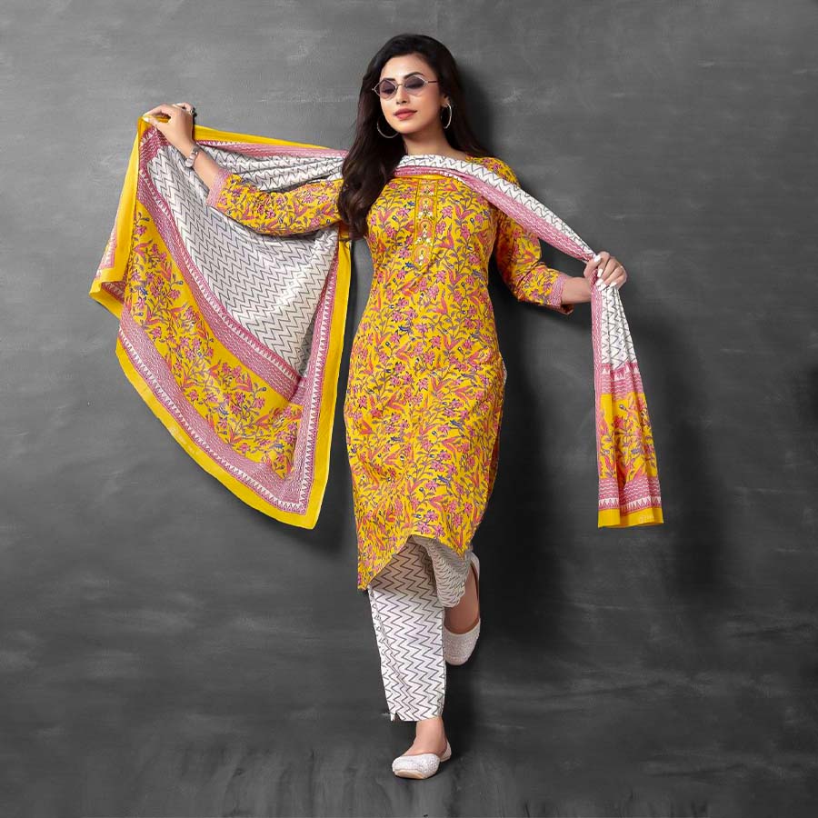Yellow  Cotton Printed Salwar Kameez