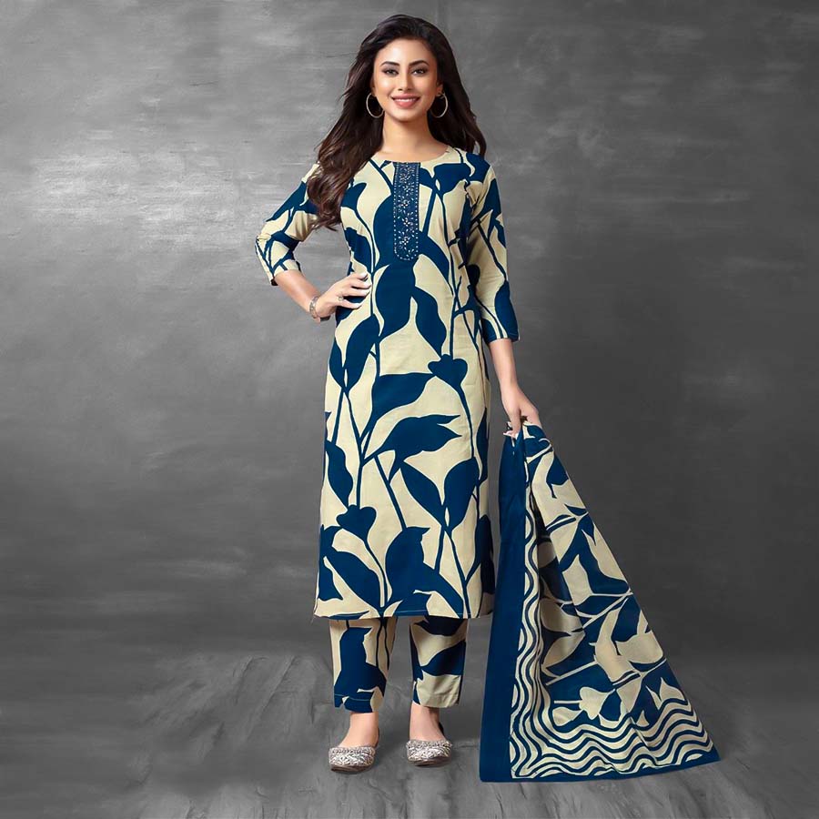 Blue  Cotton Printed Salwar Kameez