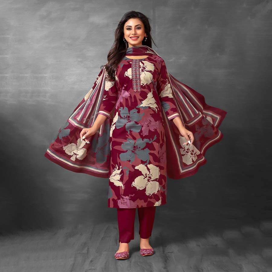 Brown  Cotton Printed Salwar Kameez