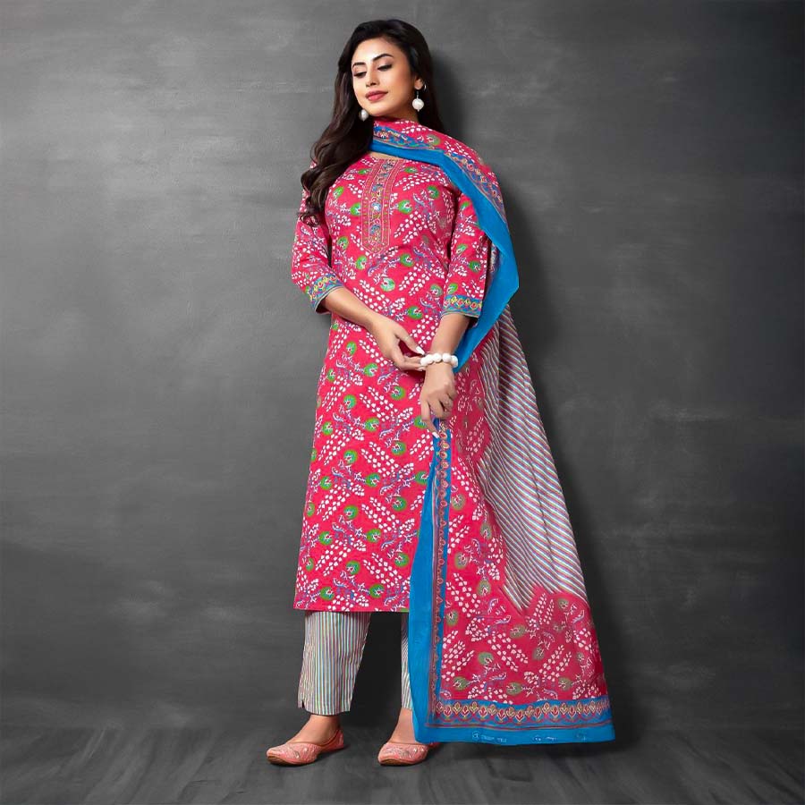 Red  Cotton Printed Salwar Kameez