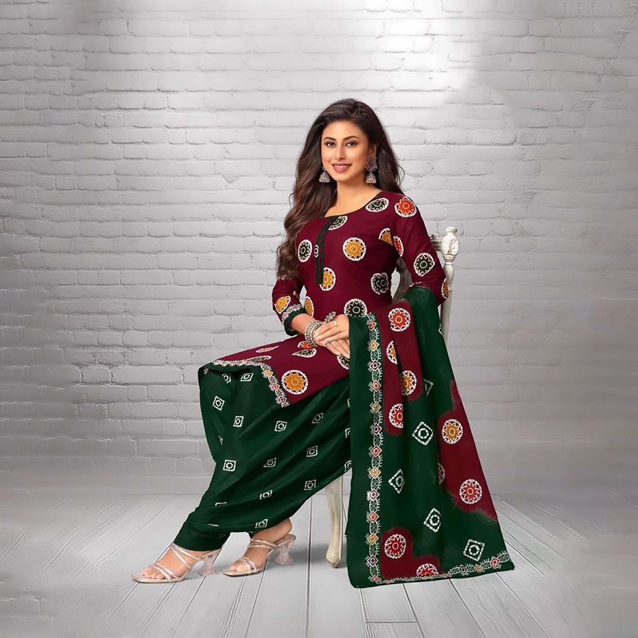 Green & maroon Cotton Printed Suit