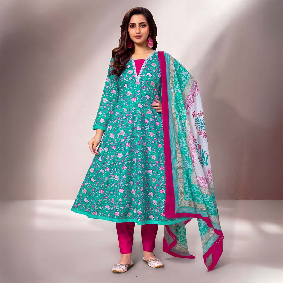 Cyan Cotton Casual Wear Salwar Kameez