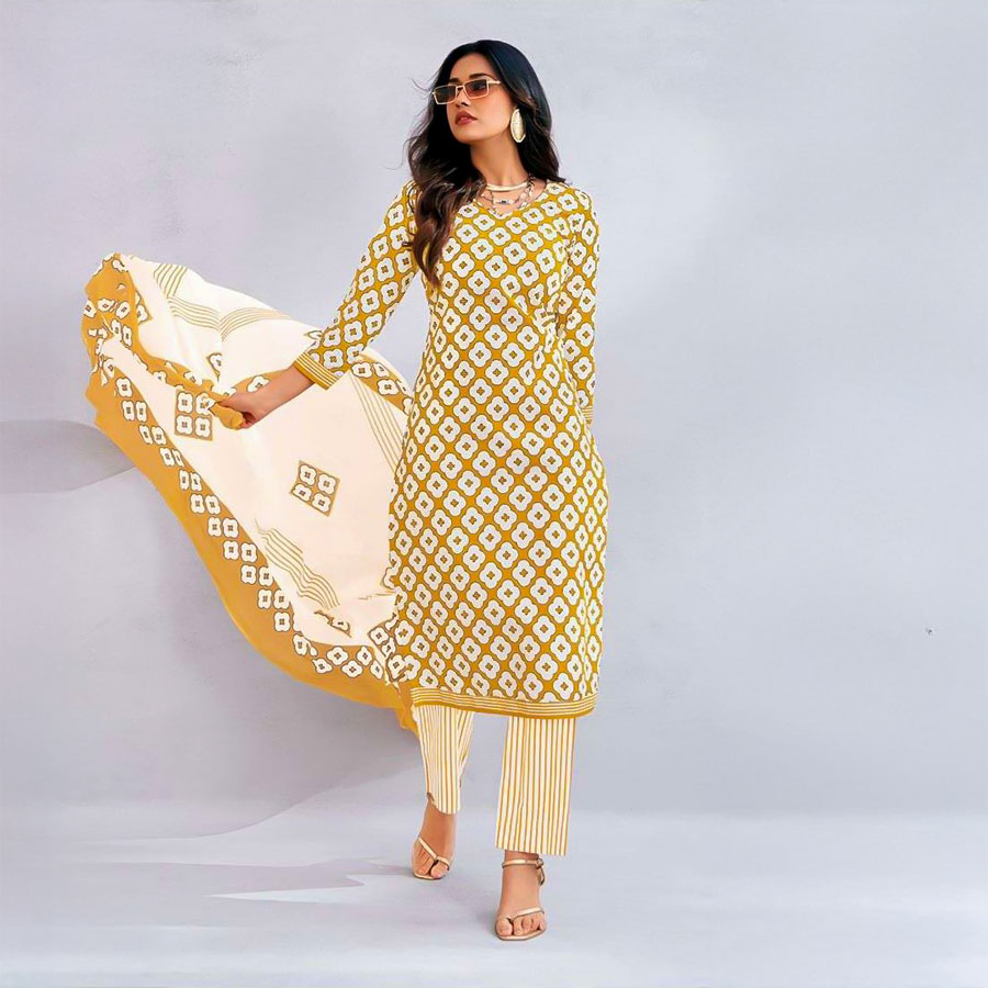 Yellow Cotton Casual Wear Salwar Kameez