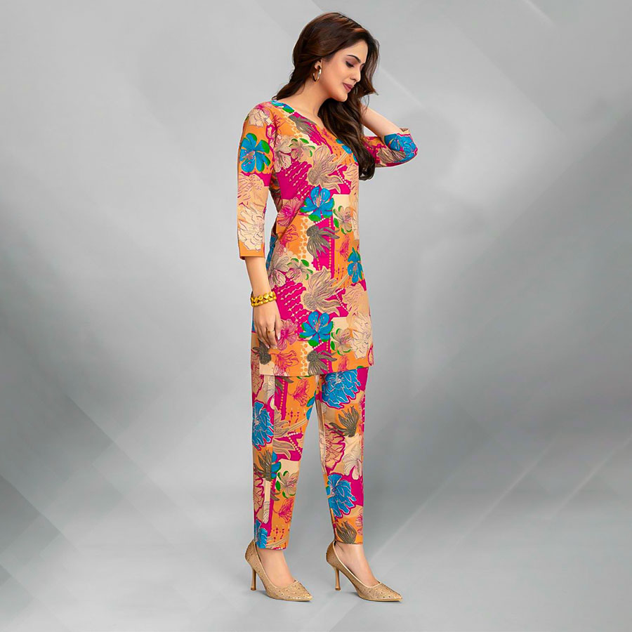 Yellow and Pink Fancy Printed Kurti