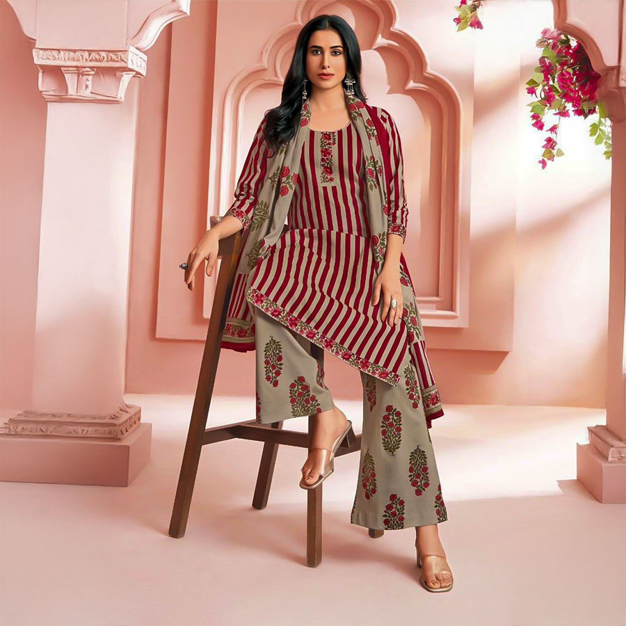 Red  Cotton Printed Salwar Kameez