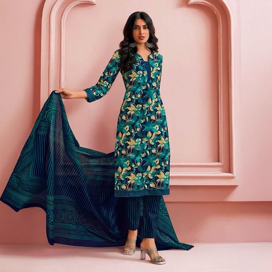 Green  Cotton Printed Salwar Kameez