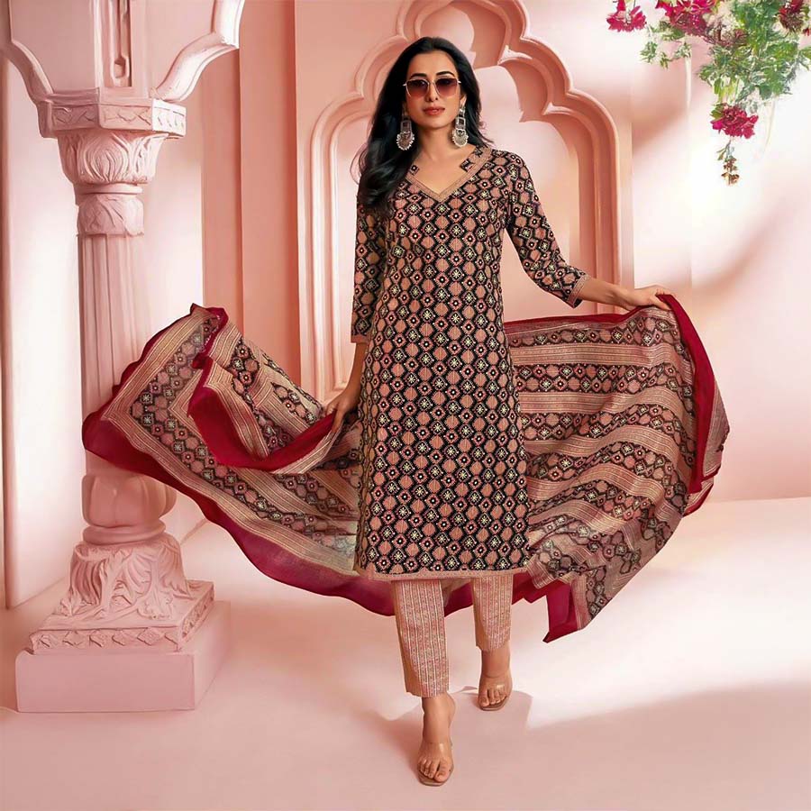 Brown  Cotton Printed Salwar Kameez