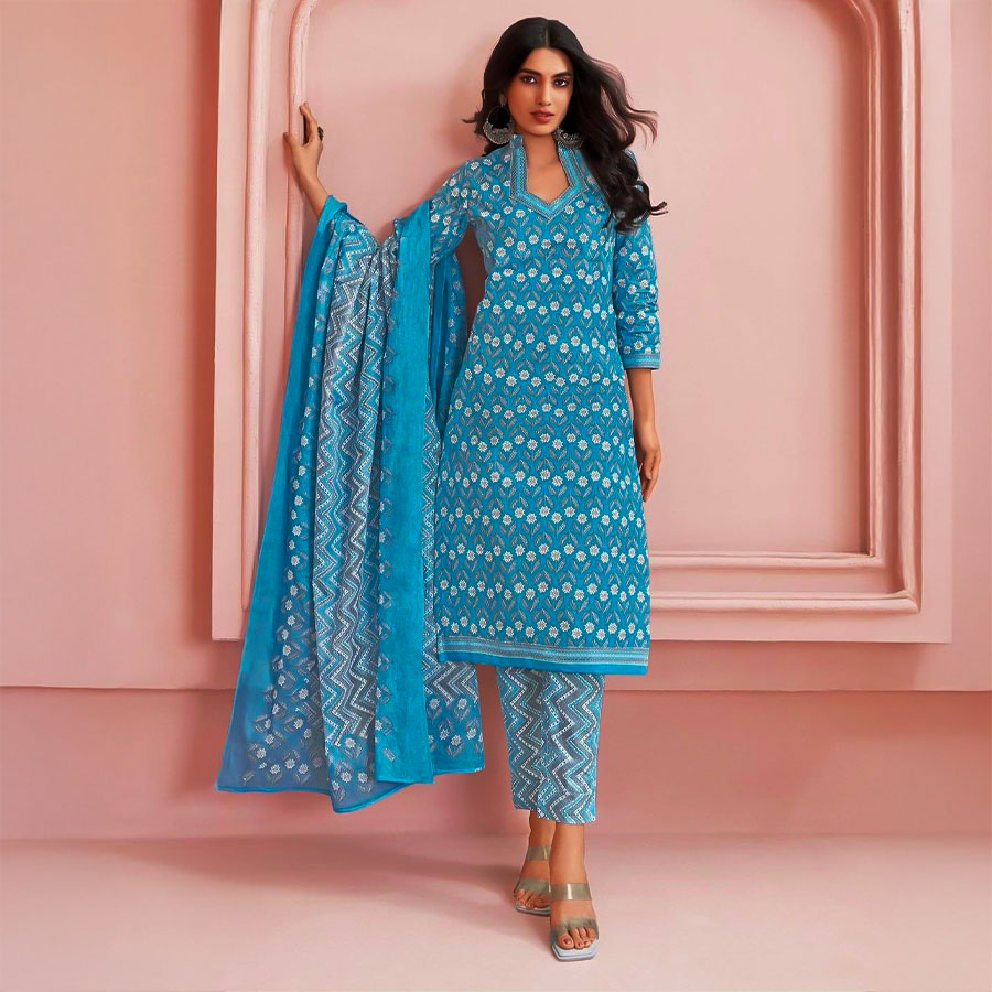 Sky Blue Cotton Printed Salwar Kameez