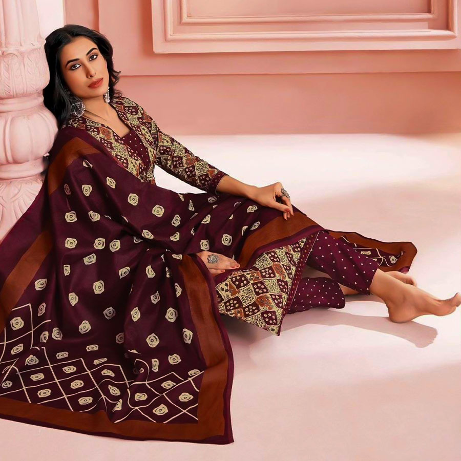 Brown  Cotton Printed Salwar Kameez