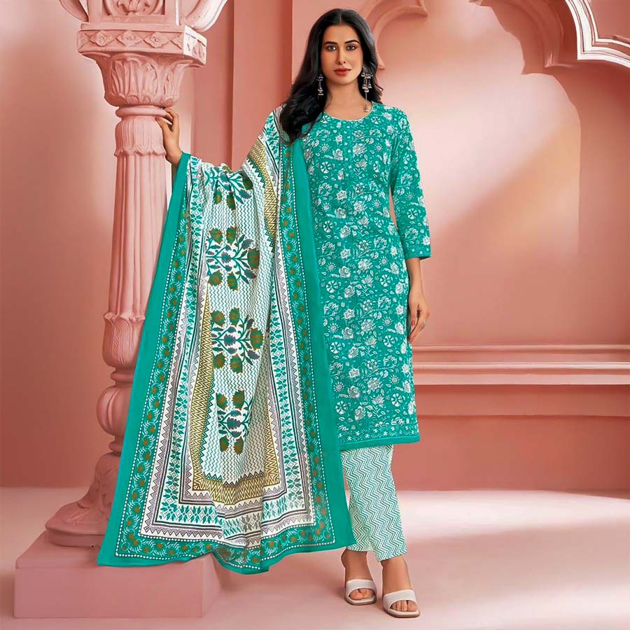 Cyan Cotton Printed Salwar Kameez