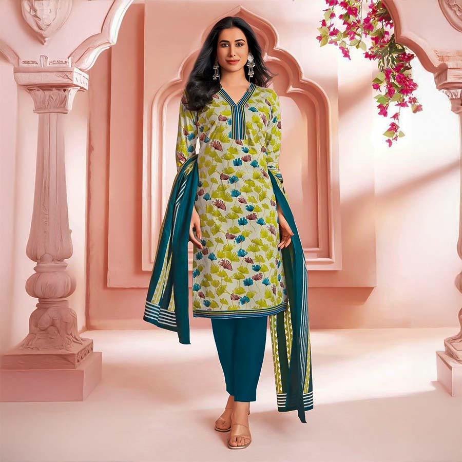 Green  Cotton Printed Salwar Kameez