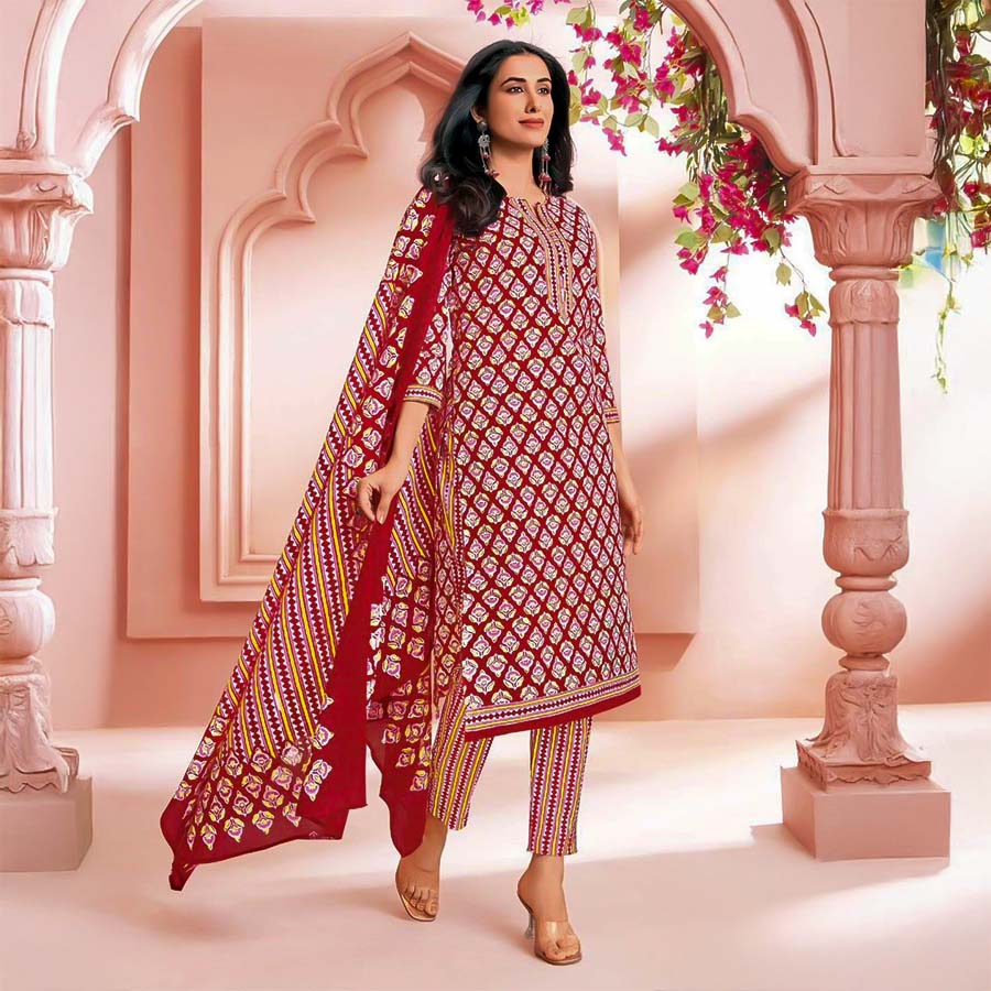 Red  Cotton Printed Salwar Kameez