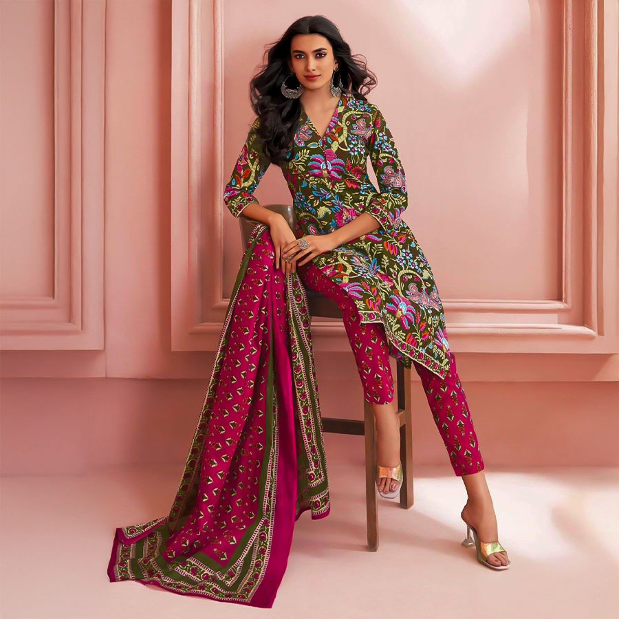Green  Cotton Printed Salwar Kameez