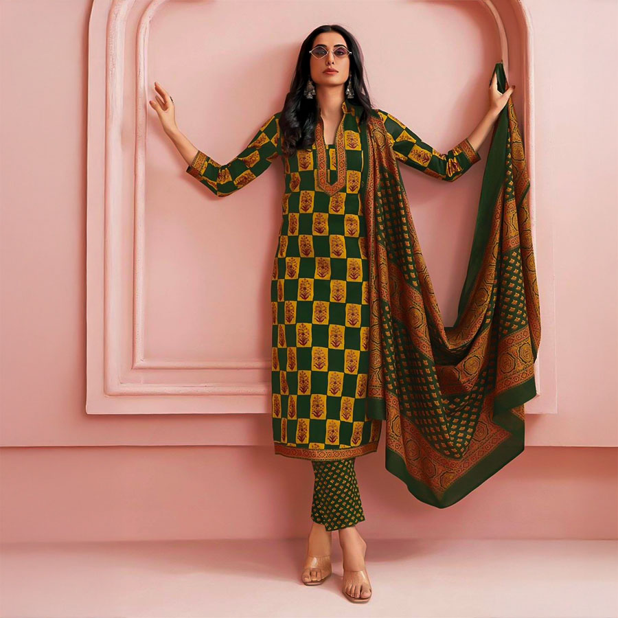 Green  Cotton Printed Salwar Kameez