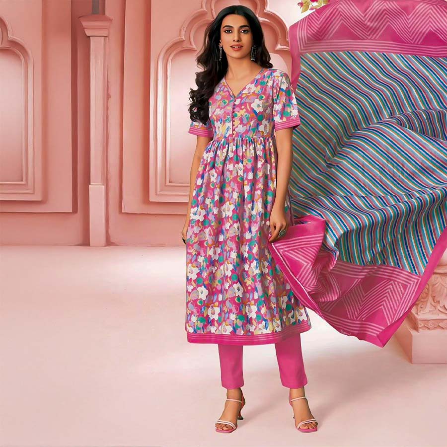 Purple Cotton Printed Salwar Kameez