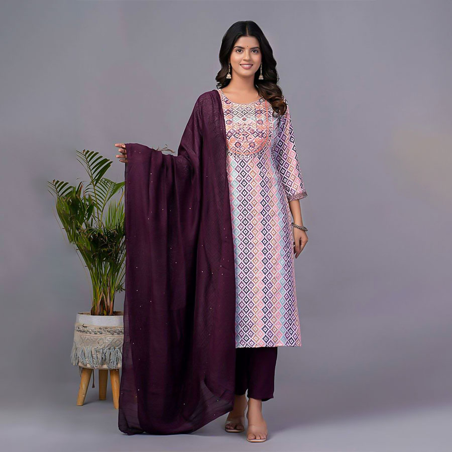 Purple  Silk Printed Kurti