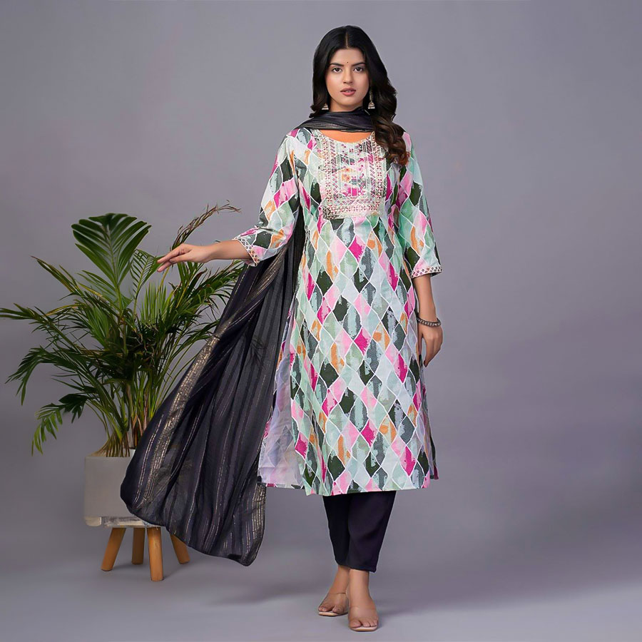 White Silk Printed Kurti