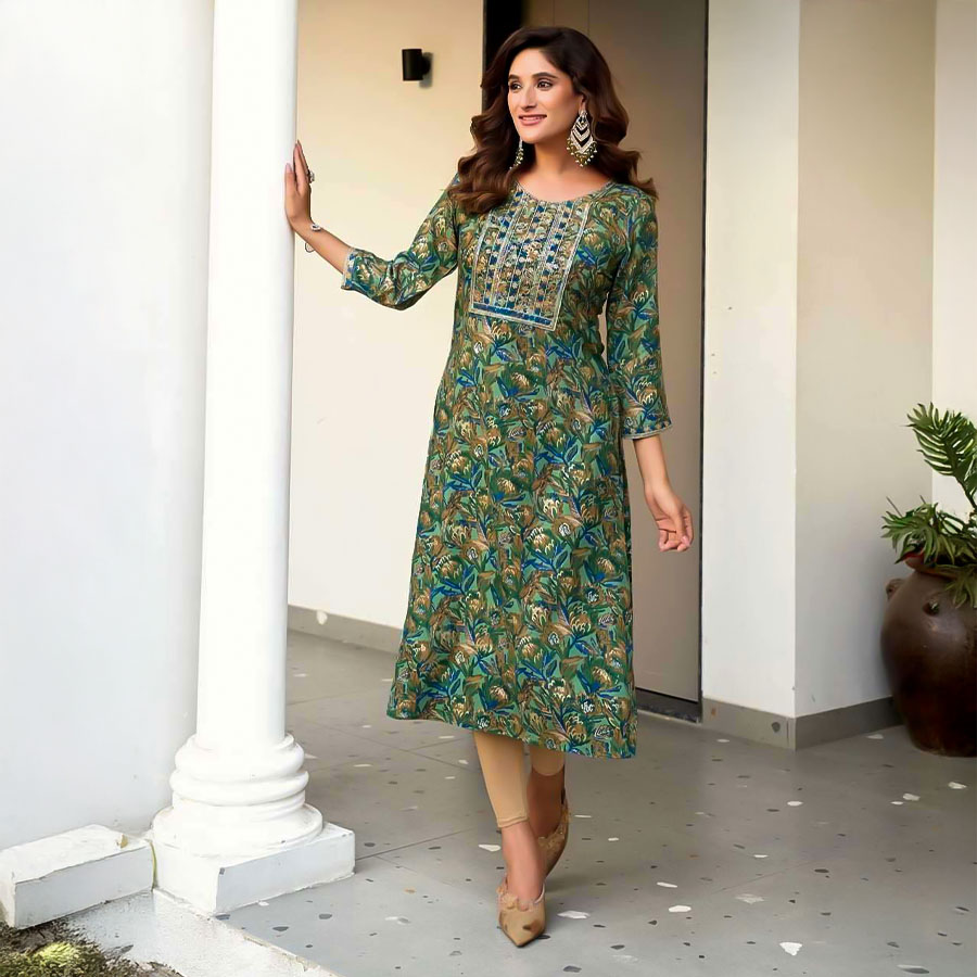 Green Rayon Printed Kurti
