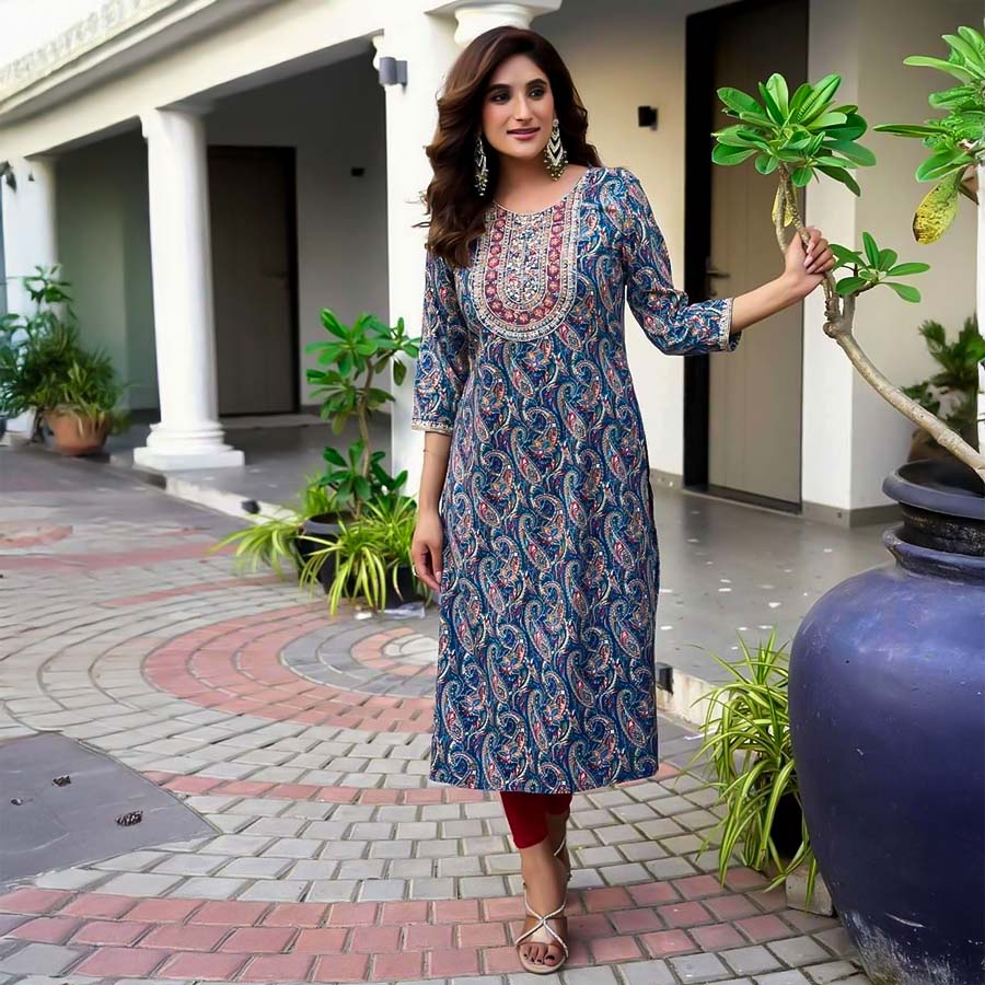 Blue Rayon Printed Kurti