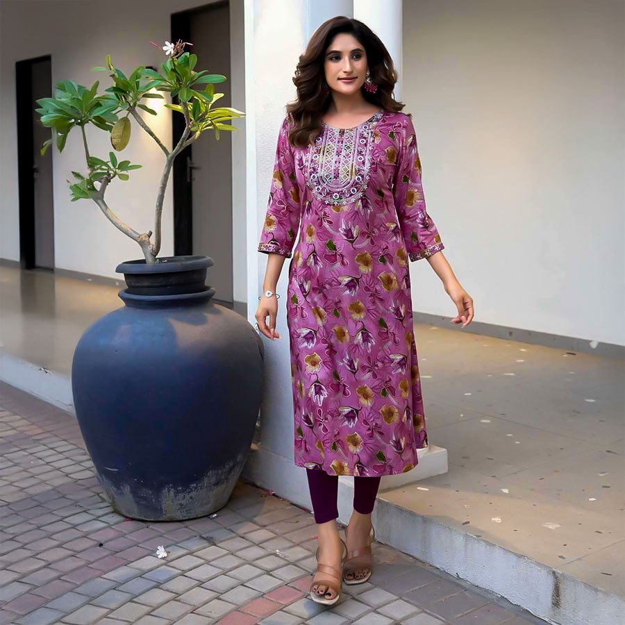 Purple Rayon Printed Kurti