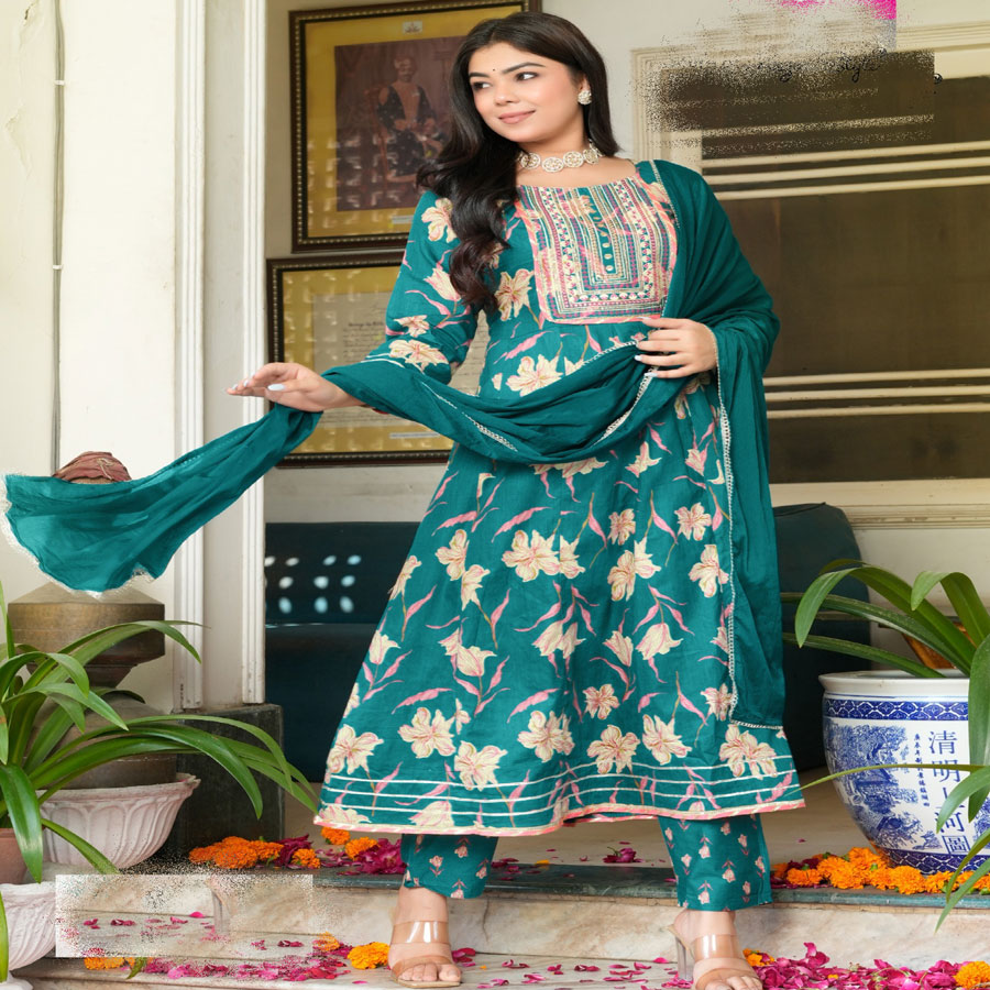 Aqua green COTTON Anarkali Suit