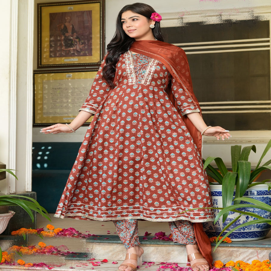 Brown COTTON Anarkali Suit